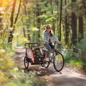 3-in-1 Bike Trailer for Kids Red Running Stroller Jogging Cart with 2 Seats 5-Point Harness Storage for Active Families Outdoor Fun