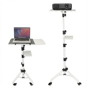 Projector Stand 29.5 to 71 Inch Adjustable Tripod 2 Shelves Portable Laptop Cart w Phone Holder (Color: White)